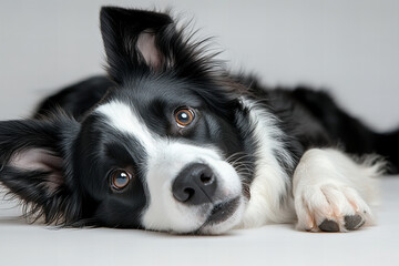 High-Resolution Portrait of a Playful Border Collie Lying Down on a White Background - Happy Dog with Expressive Eyes and Floppy Ears in Relaxed Pose