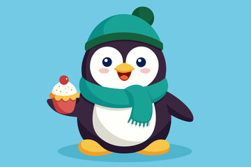  A cute penguin with a hat and scarf eats an ice cream 