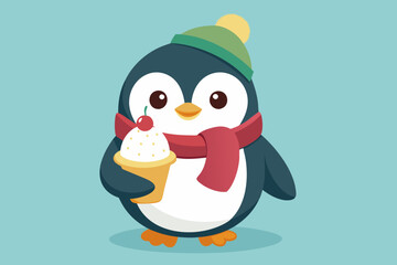  A cute penguin with a hat and scarf eats an ice cream 