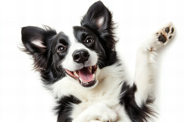 Fototapeta premium High-Resolution Portrait of a Playful Border Collie Lying Down on a White Background - Happy Dog with Expressive Eyes and Floppy Ears in Relaxed Pose