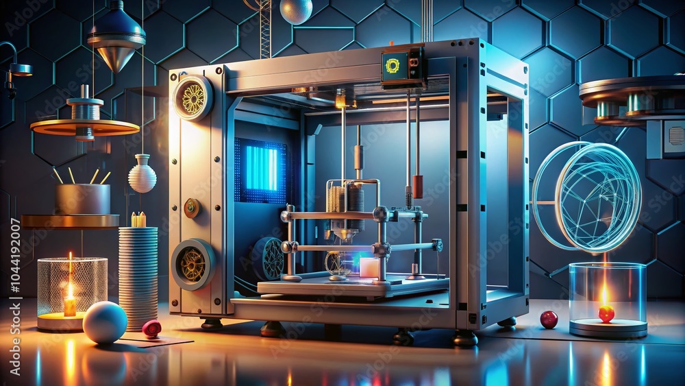Poster future technologies: 3d printer machine and robotics concept for advanced innovation