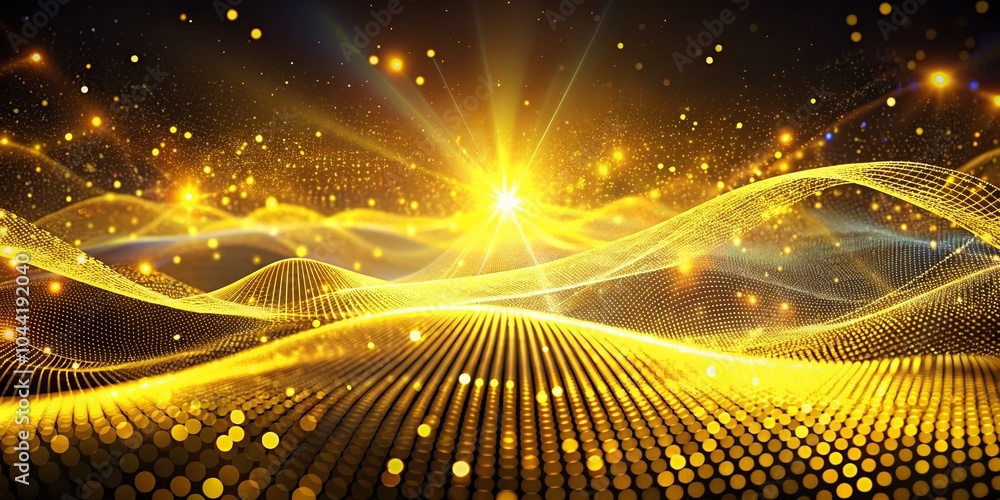 Poster futuristic abstract background with glowing yellow waves of particles and dots for high-tech visuals