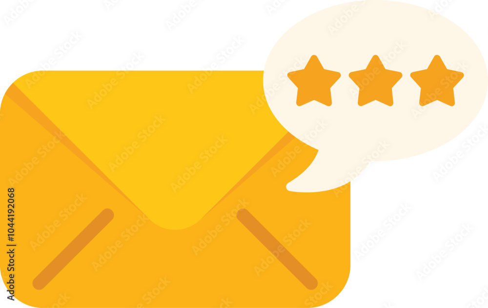 Poster five star rating bubble floating over a yellow envelope representing positive customer feedback