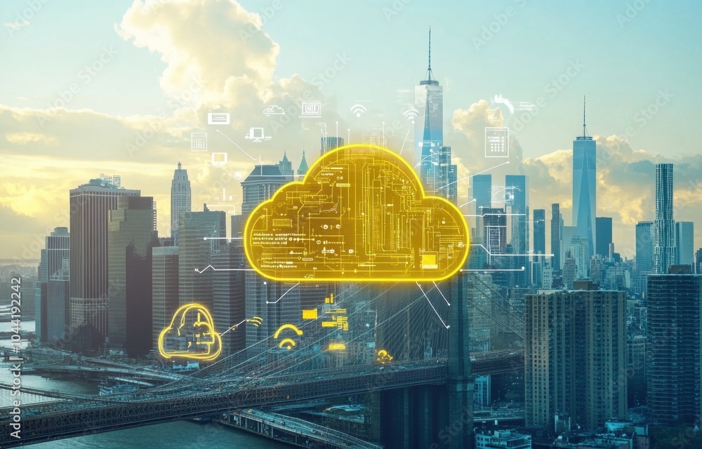 Poster a city skyline with digital connections and icons representing cloud computing, symbolizing the inte