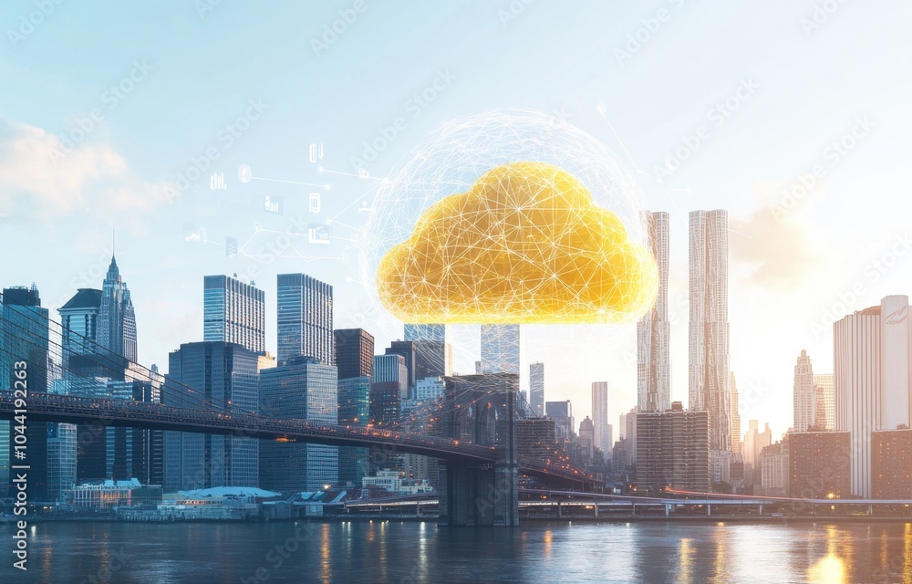 Poster a city skyline with digital connections and icons representing cloud computing, symbolizing the inte