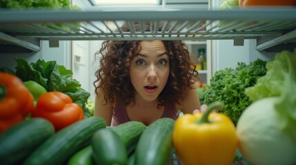 Woman seeking healthy choices in fridge filled with fresh vegetables for nutritious diet and lifestyle inspiration