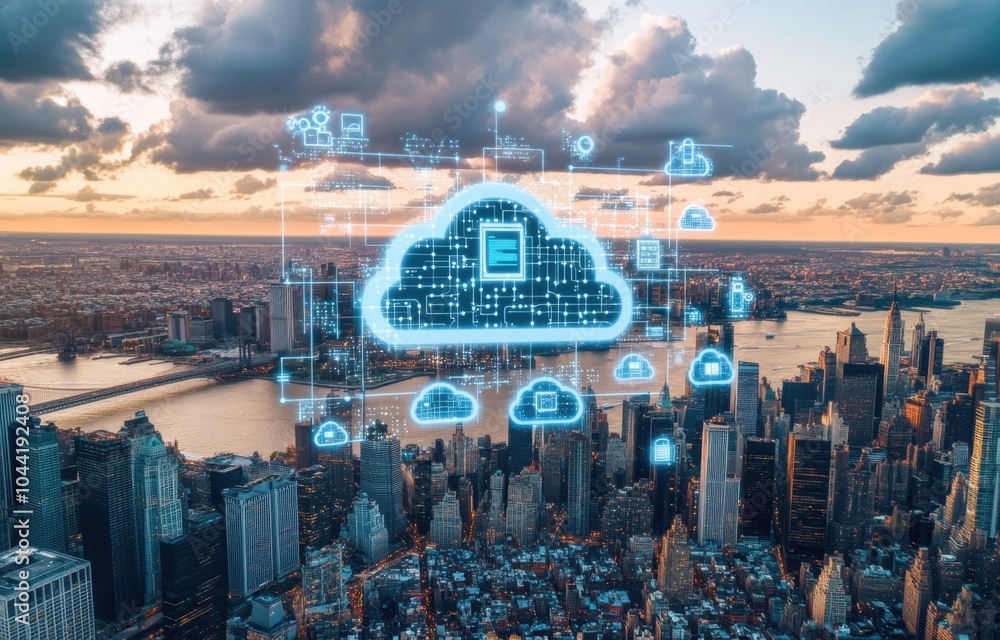 Poster a city skyline with digital connections and icons representing cloud computing, symbolizing the inte
