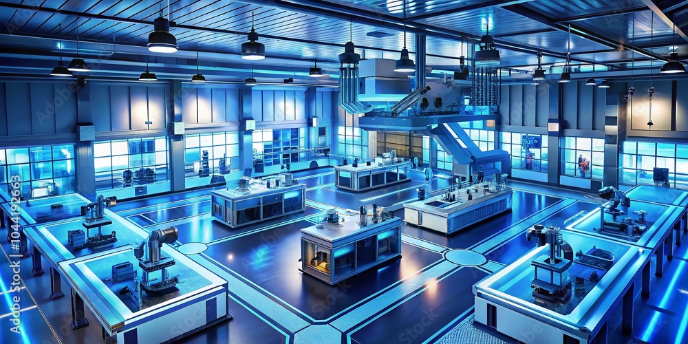 Poster futuristic robotic laboratory with advanced automation and blue lighting for a high-tech landscape p