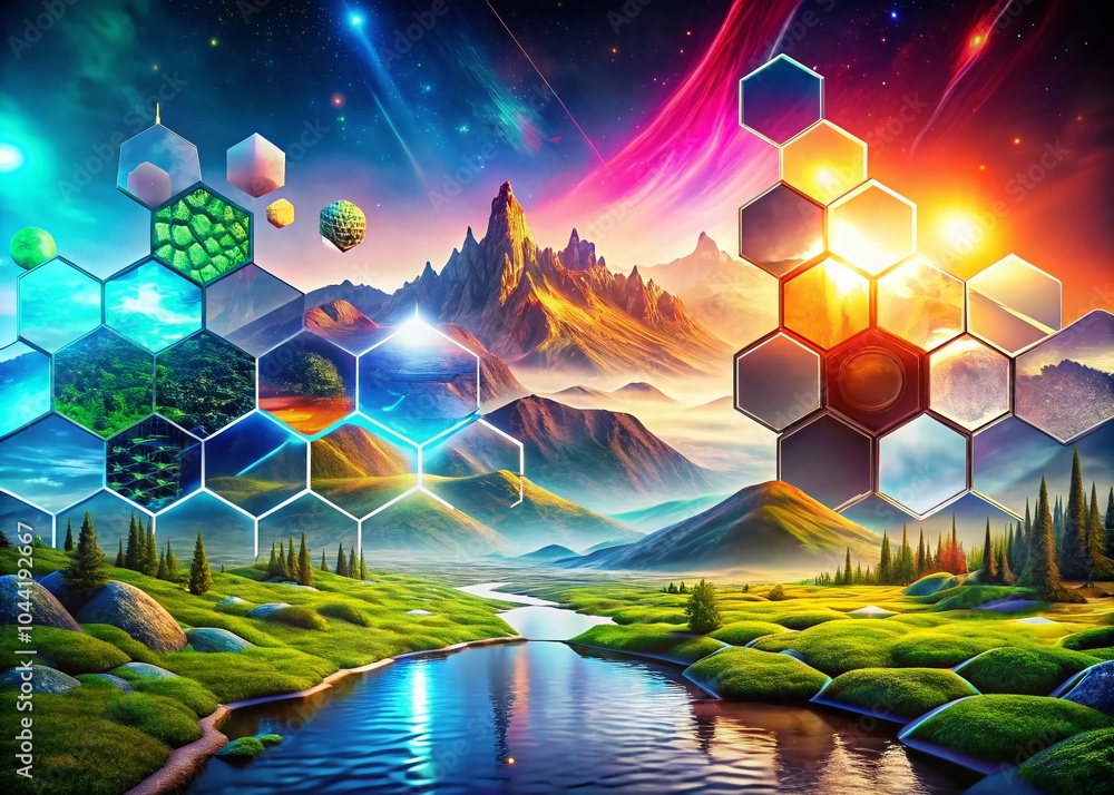 Poster futuristic sci-fi landscape with polygons and hexagons for digital technology concepts