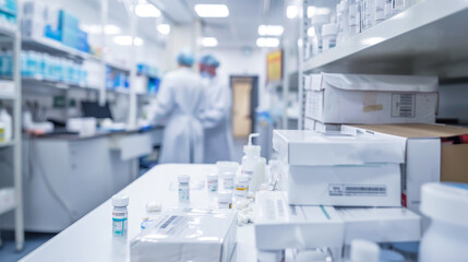 Blurred bustling laboratory, skilled pharmaceutical workers collaborate on the production and packaging of essential medicines, ensuring quality and safety for patients worldwide. Copy space