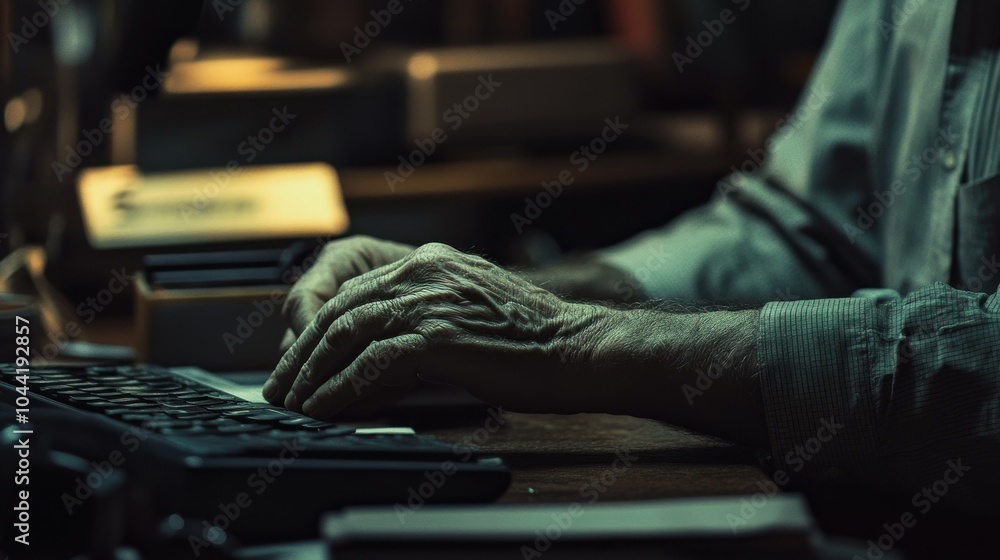 Aufkleber close-up of hands typing on a keyboard in a dimly lit environment.