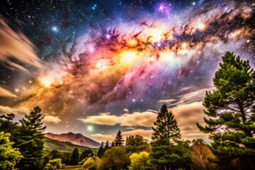 Fototapeta premium Galactic Nebula: Cosmic Radiance in Vibrant Hues for Stunning Long Exposure Photography