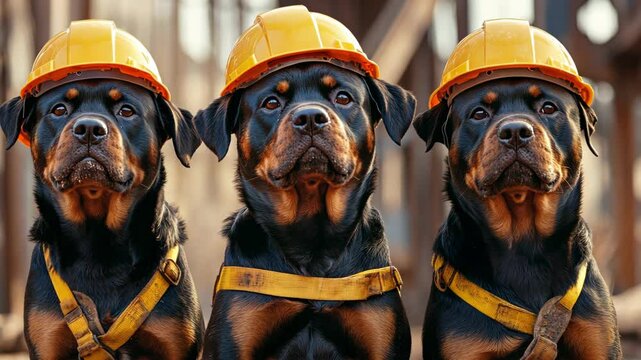 Three Rottweilers wearing yellow hard hats stand in a row, ready for a day of work