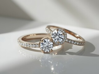 Pair of diamond wedding rings on a white background in a close-up shot