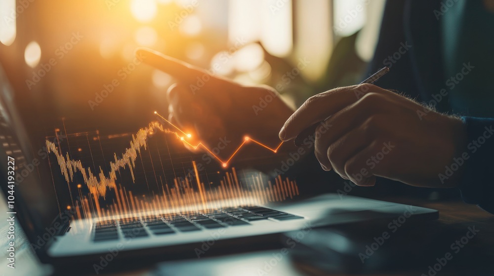 Poster a person analyzing financial data on a laptop with a graphical representation of trends.