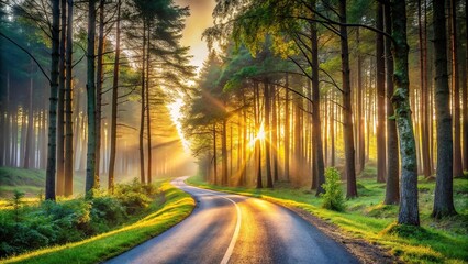 Obraz premium Scenic view of winding road amidst tall trees at dawn