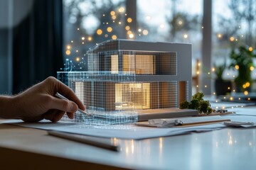  Architect's hand creating futuristic house design with digital overlay and glowing virtual elements in modern workspace