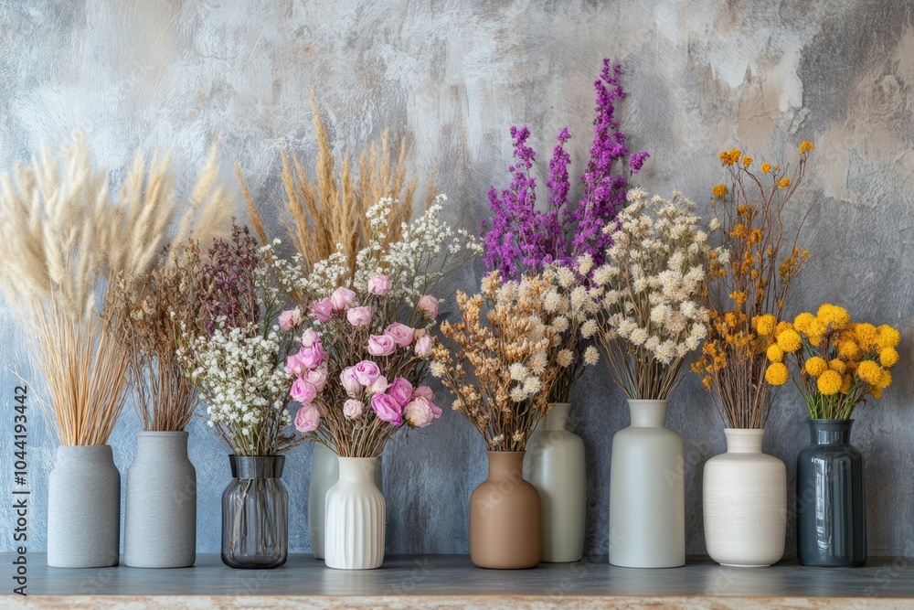 Poster a collection of various fluffy dried flowers in different vases adds charm to the cozy atmosphere of