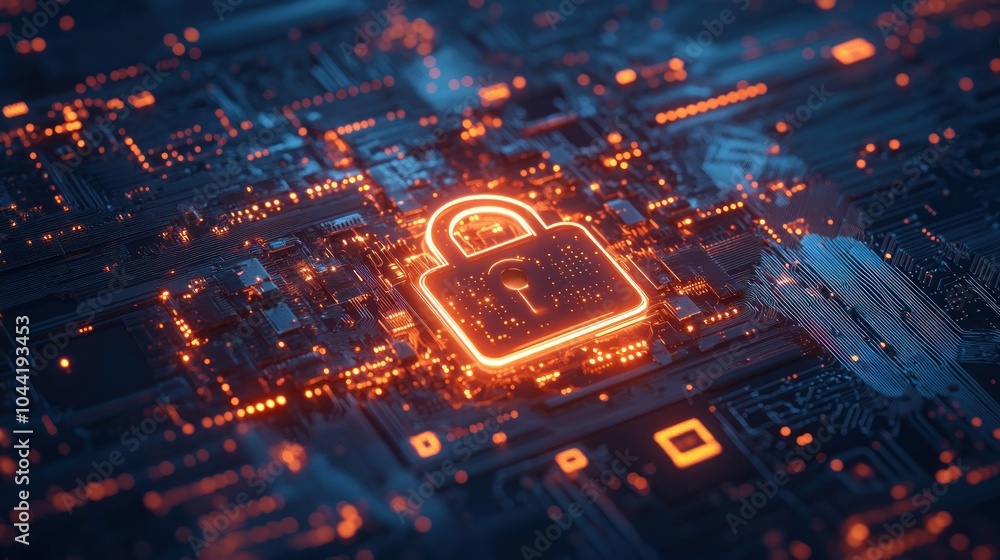 Poster a digital lock symbol on a circuit board, representing cybersecurity and data protection.