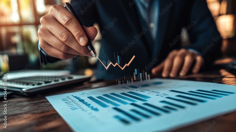 Poster a business professional analyzing data trends on a report with a pen and calculator.