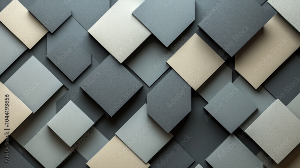 Poster Overlaying squares and rhombuses form a geometric pattern in muted shades of gray, creating an abstract and contemporary visual effect. Generative AI