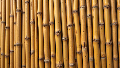 Naklejka premium Texture of yellow bamboo stalks arranged vertically showcasing natural material and design