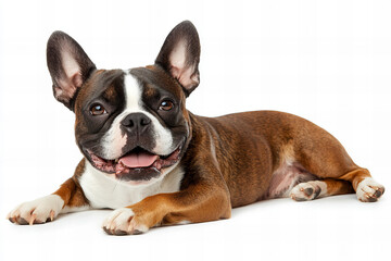 Fototapeta premium Adorable Boston Terrier Puppy Standing with Expressive Ears and Inquisitive Eyes, Black and White Coat, Playful Companion in a Professional Studio Setting, Perfect for Pet Stock Photography
