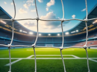 Close up of soccer goal net with blurred school stadium background, football goal net
