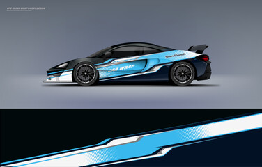 Obraz premium Racing Car sport car branding with racing wrap decal or livery design. Abstract racing graphics black blue backround. Editable vector template