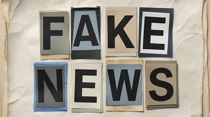 the phrase "FAKE NEWS" composed of cut-out letters from newspapers or magazines, arranged in a haphazard manner.