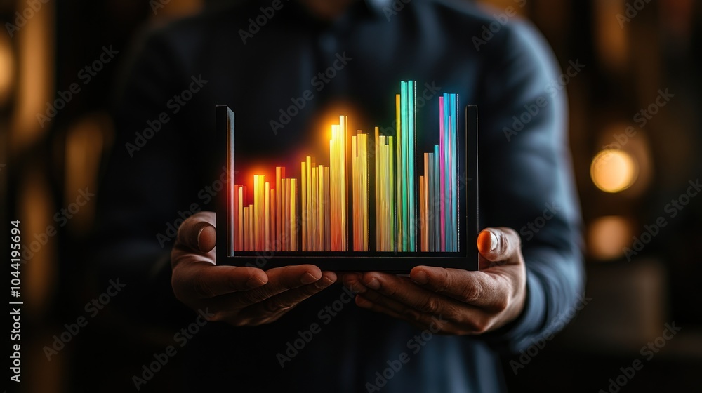 Poster a person holds a vibrant data visualization display, showcasing colorful bar graphs.