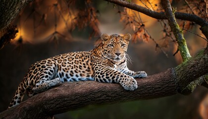 Obraz premium Leopard is lying on a tree