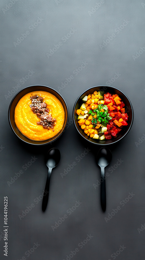 Wall mural a vibrant display of two bowls of food, one with a creamy orange soup topped with seeds, the other w