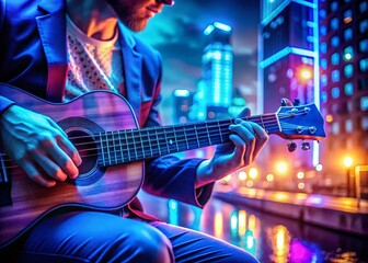 Obraz premium Hands Playing Acoustic Guitar and Ukulele in Blue Neon Light - Urban Exploration Photography