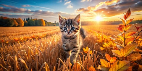 Harvest Kitten in a Sunlit Field with Golden Crops and Autumn Leaves