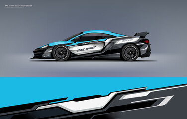 Racing Car sport car branding with racing wrap decal or livery design. Abstract racing graphics black blue backround. Editable vector template © liveryworks