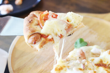 Piece of pizza with cheese and hot dog at the restaurant