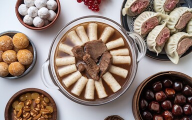 A variety of traditional Chinese foods including dumplings, soup, and sweets.