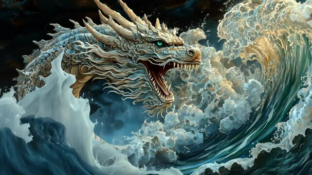 A white dragon emerges from the ocean, its sharp teeth bared in a fierce roar