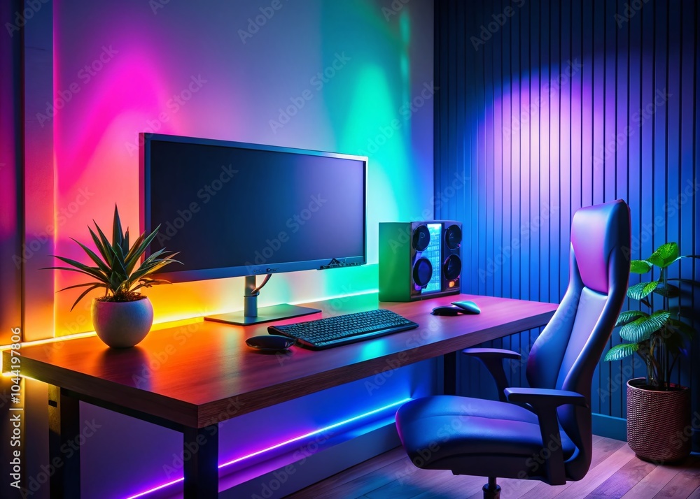 Poster high dynamic range image of a modern pc setup with sleek design and vibrant colors