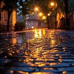 Raindrops on cobblestone street