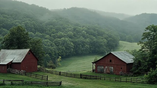 Two red barns sit on a grassy valley floor, surrounded by green hills and trees. A misty atmosphere.