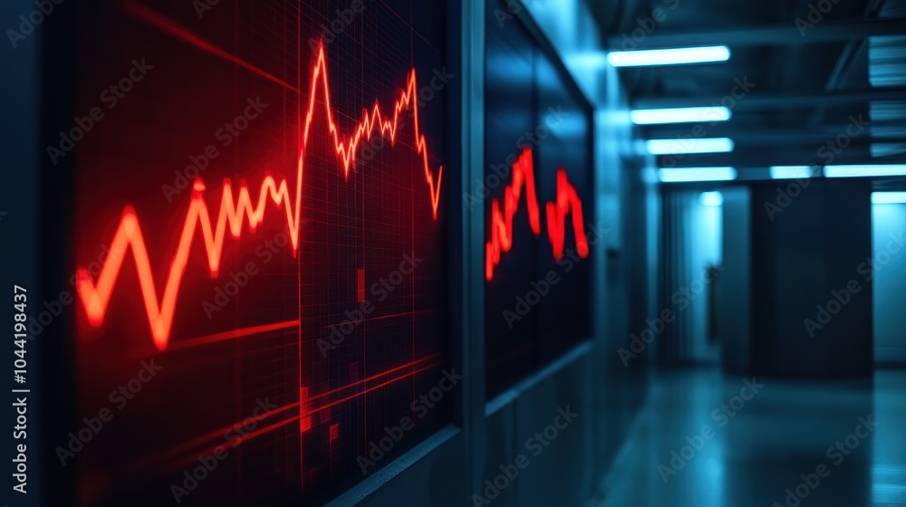 Poster red line graph displayed on screens in a modern, dimly lit environment.