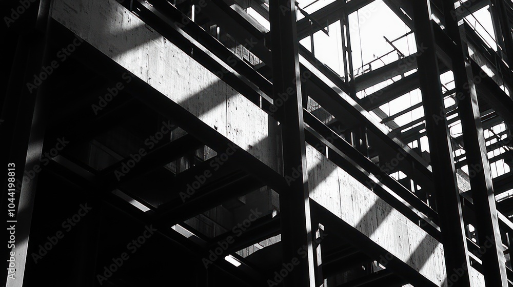 Poster a monochrome view of a skeletal building structure with contrasting light and shadows.