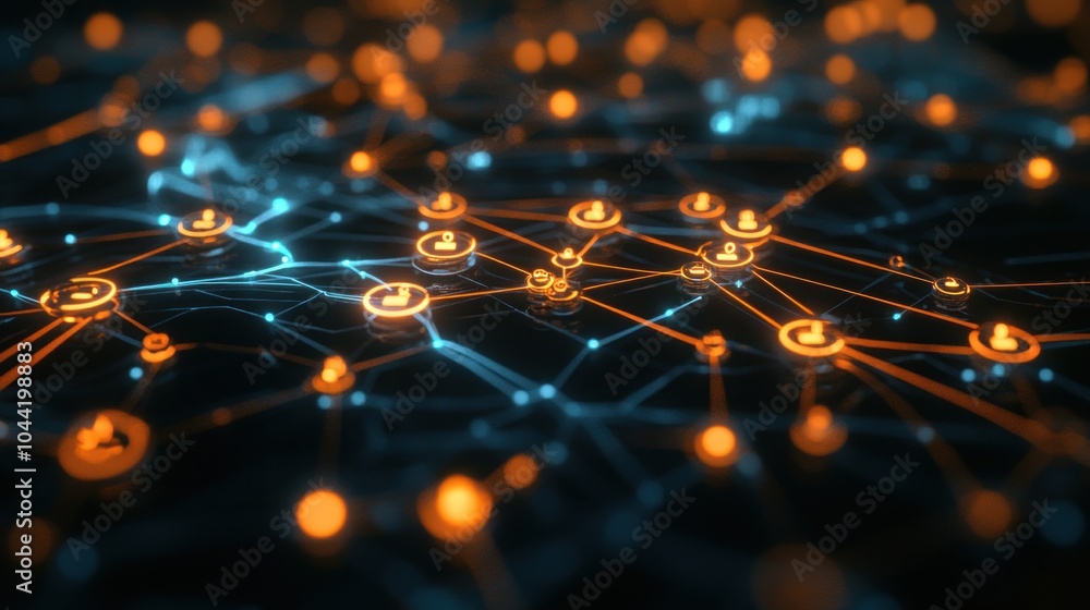 Poster a digital network visualization with interconnected nodes in blue and orange hues.