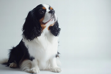 Fototapeta premium Cavalier King Charles Spaniel Lying Down on White Background, Adorable Dog with Long Fluffy Ears and Cute Expression