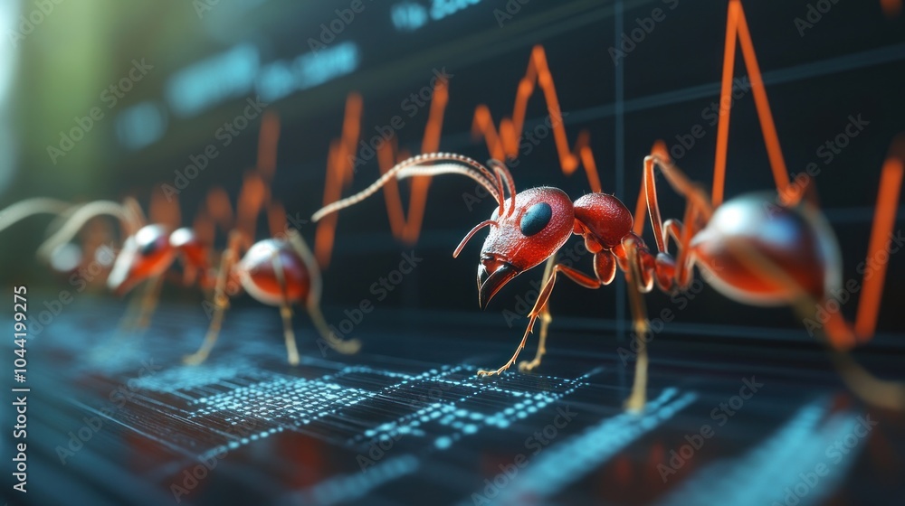 Aufkleber close-up of ants on a digital graph, symbolizing data analysis and teamwork.