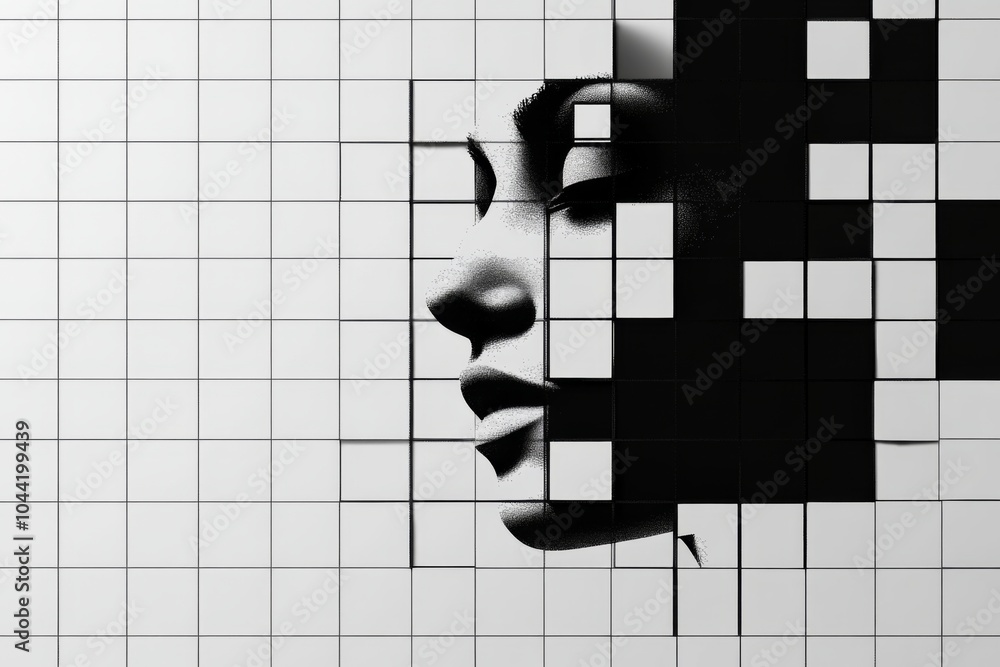 Poster black and white pixel art pattern featuring squares, with a large abstract face composed of smaller 