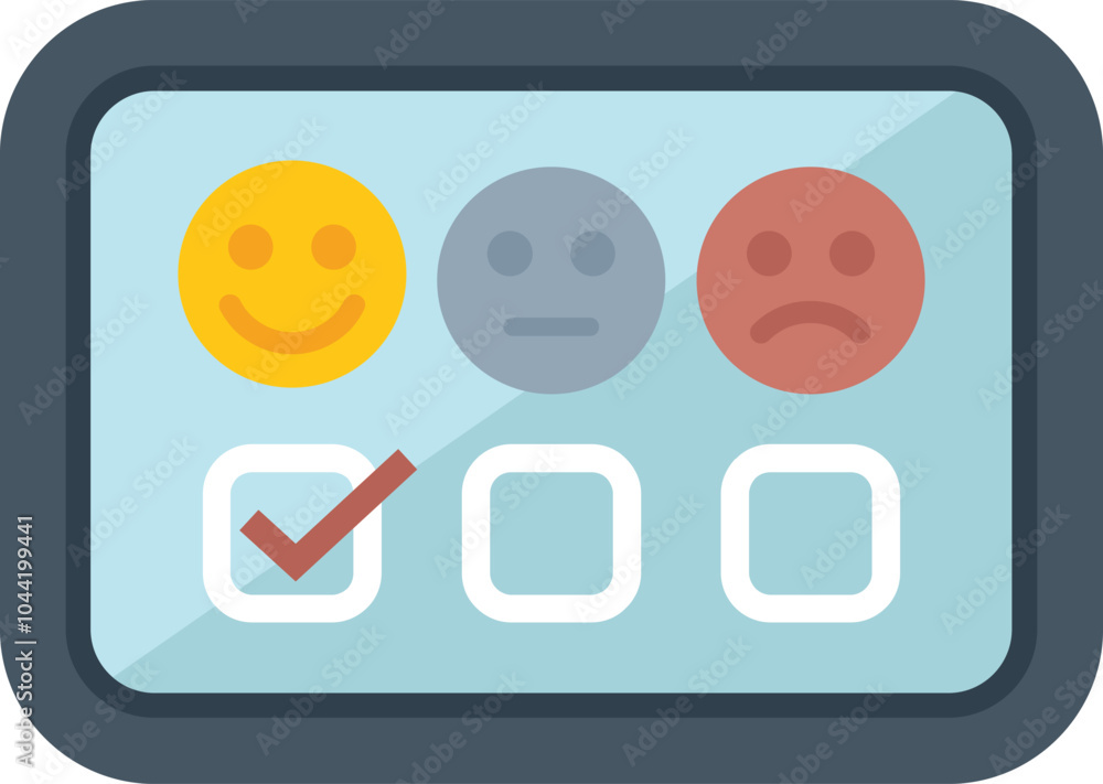 Poster tablet is showing a customer satisfaction survey with three possible options, positive, neutral and 