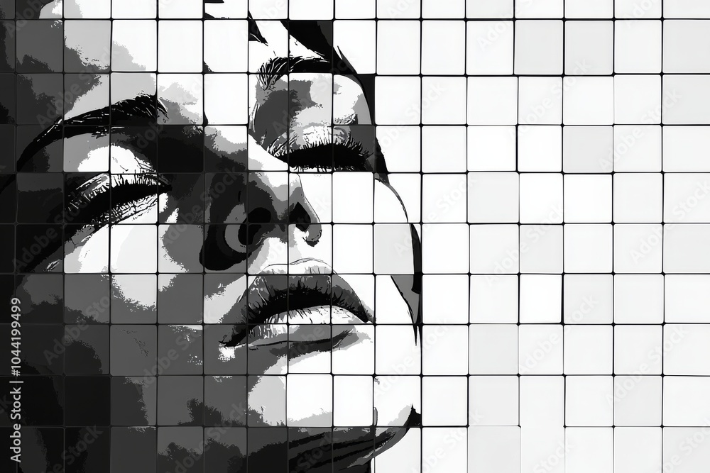 Poster black and white pixel art pattern featuring squares, with a large abstract face composed of smaller 